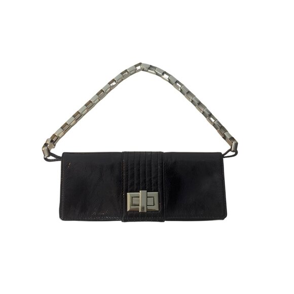 Kooba Black Patent Leather Chain Strap Clutch Purse With Quilted Detail & Metal - Picture 1 of 4